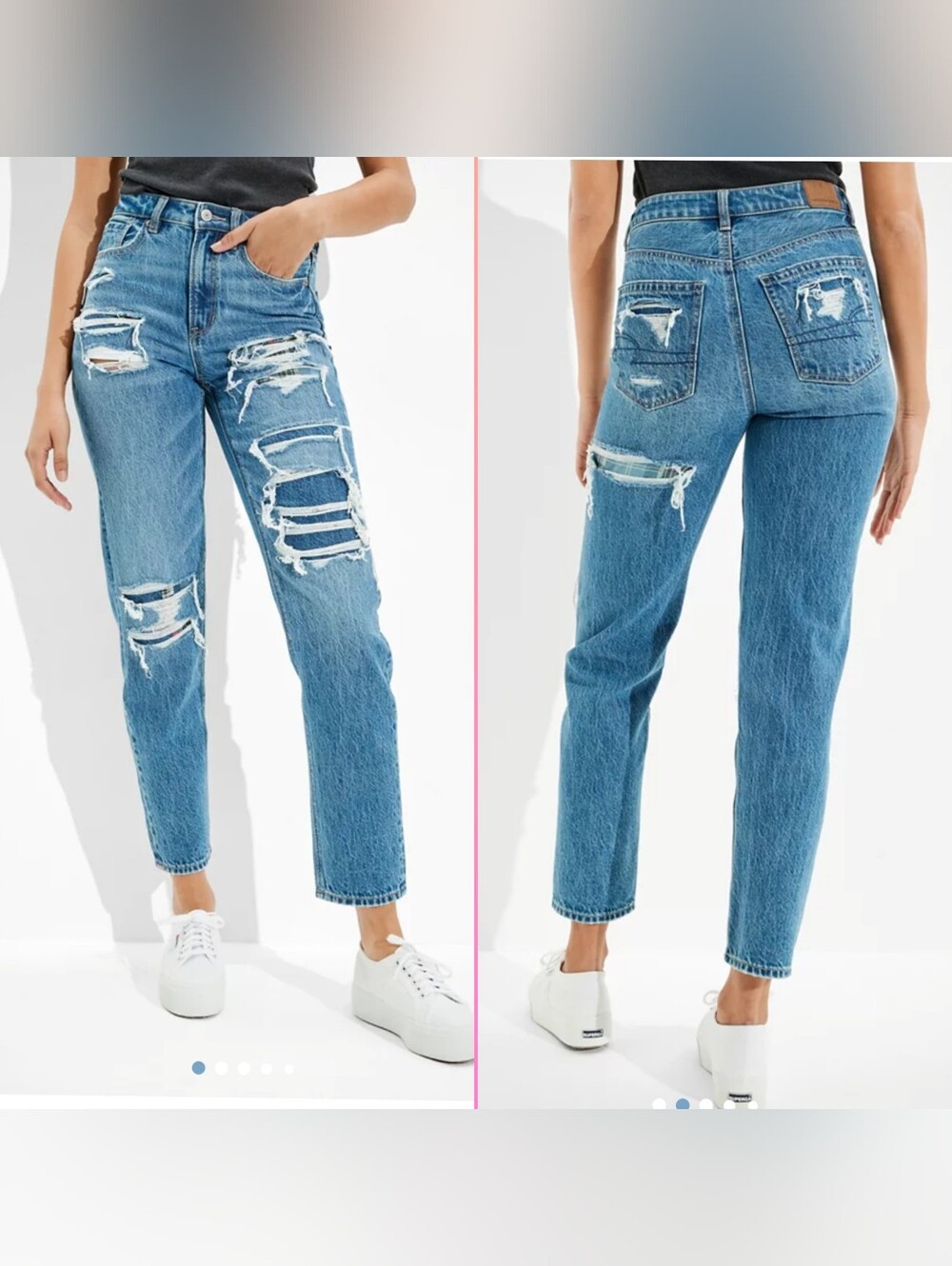 American Eagle Straight Mom Jeans Distressed Plaid Size 8 Regular